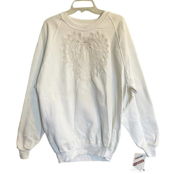 Vintage Jerzees 2X Novelty Sweatshirt White Lace 90s NWT Deadstock Crewn… - Picture 1 of 9